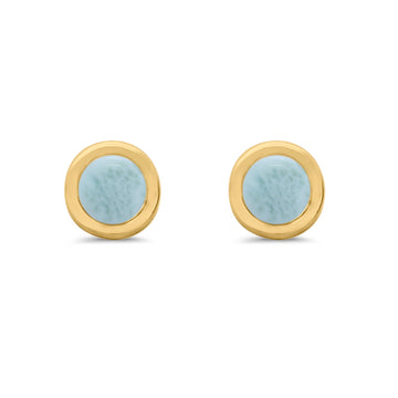Solitaire Bezel Stud Earrings Round Yellow Tone, Natural Larimar 925 Sterling Silver(0.25mm)